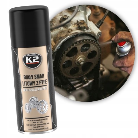 Biały Smar Litowy z PTFE K2 Spray 400ml do Maszyn Przemysłowych Rowerów Aut